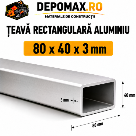 Teava rectangulara aluminiu 80 x 40 x 3 mm, 6 metri (EN AW-6060)